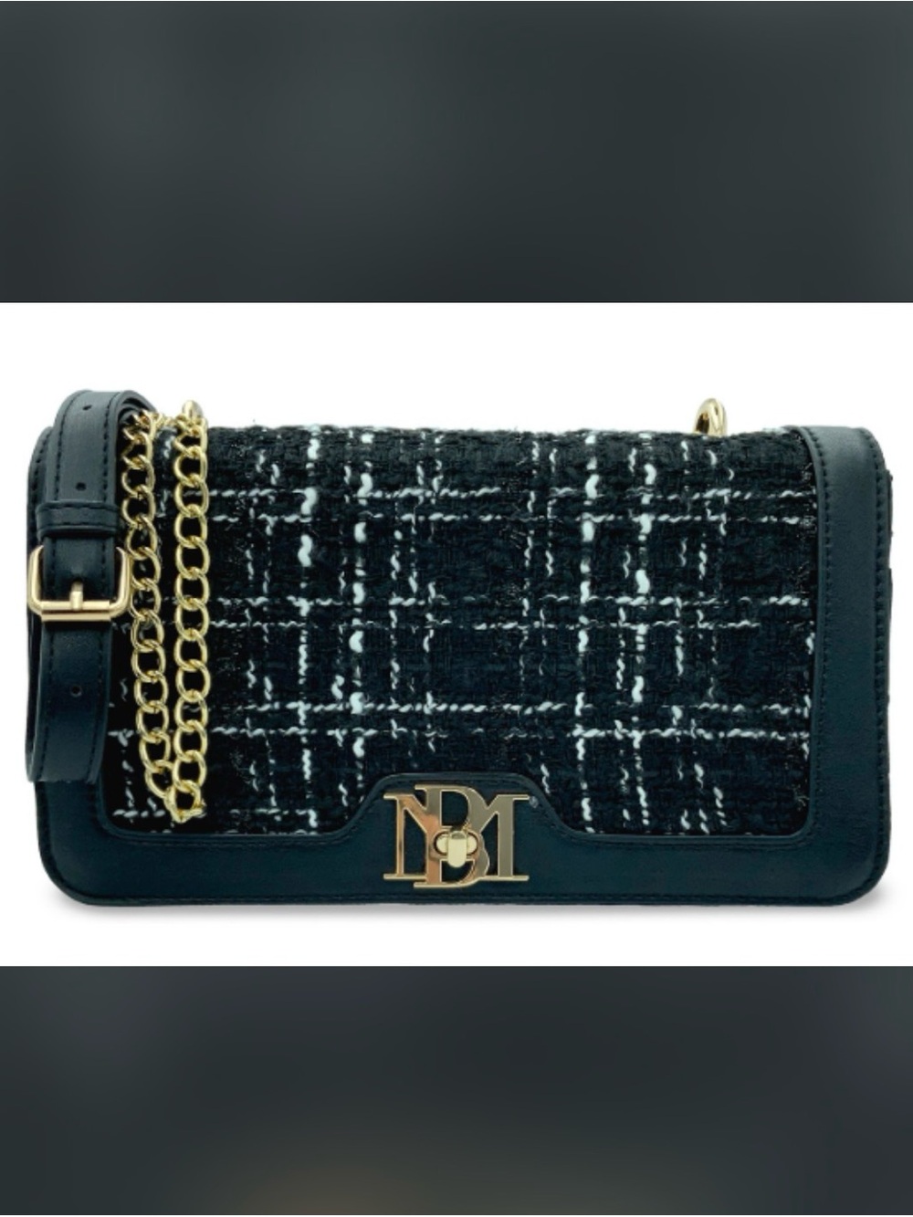 NWT Badgley Mischka Black and White Tweed Chain Crossbody Bag with Gold Hardware